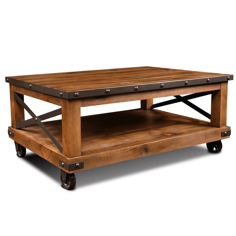 Pemberly Row Cross Bar Coffee Table with Caster Wheels in Brown