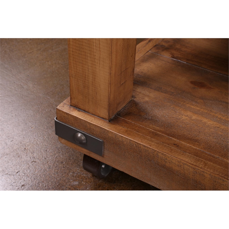 Pemberly Row Cross Bar Coffee Table with Caster Wheels in Brown