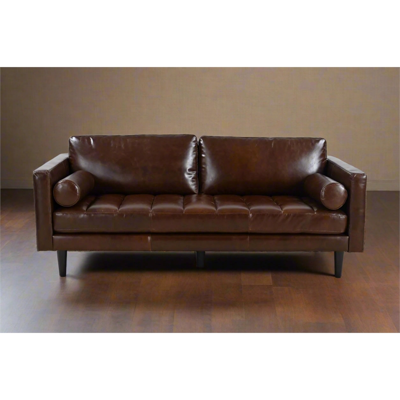 Pemberly Row Contemporary Top Grain Leather Sofa in Chocolate Brown