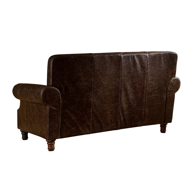Pemberly Row English Rolled Arm Love Seat in Dark Brown Leather