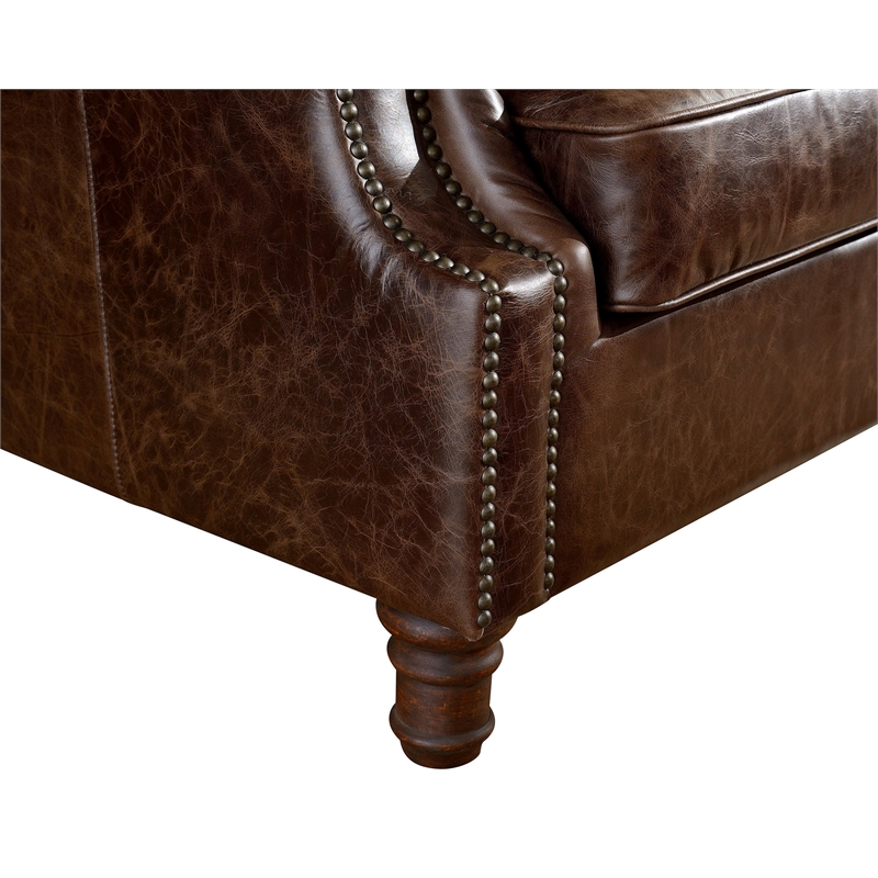 Pemberly Row English Rolled Arm Love Seat in Dark Brown Leather