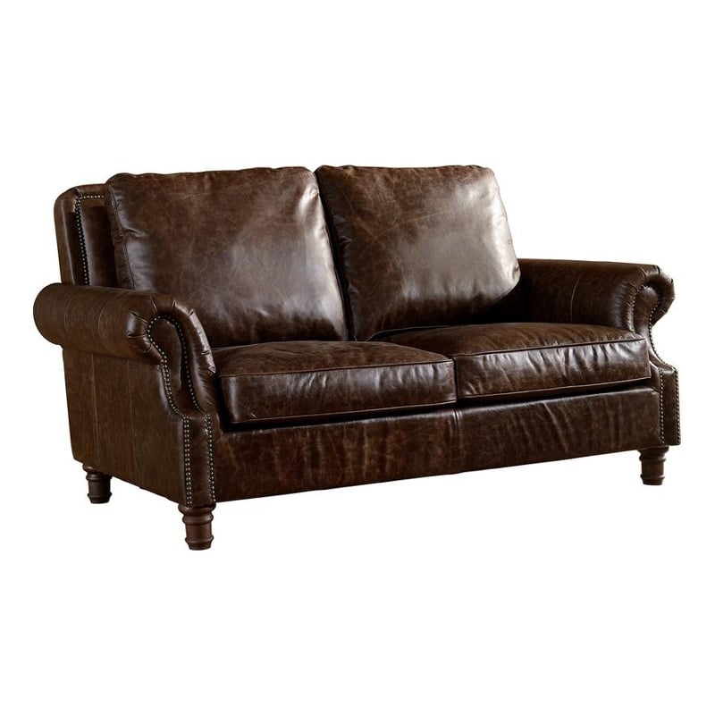 Pemberly Row English Rolled Arm Love Seat in Dark Brown Leather
