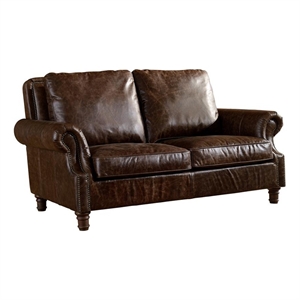 Pemberly Row English Rolled Arm Love Seat in Dark Brown Leather