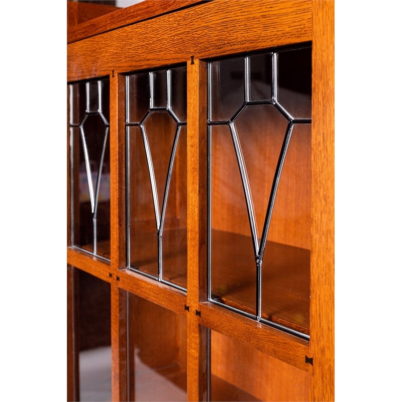 Pemberly Row Mission Leaded Glass Bookcase with Lock & Key in Cherry