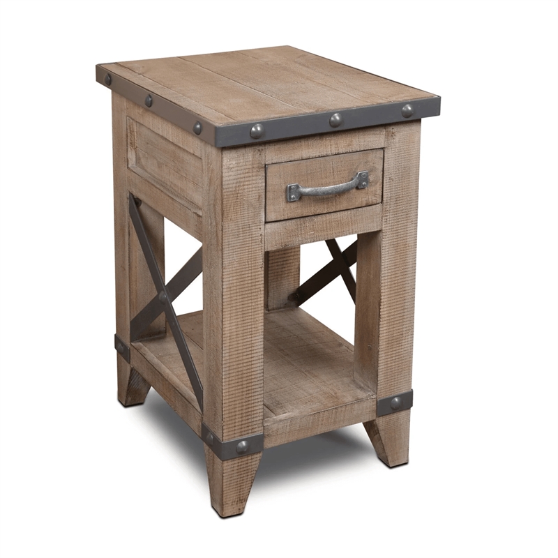 Pemberly Row Contemporary Solid Pine Wood 1 Drawer Side Table in Grey