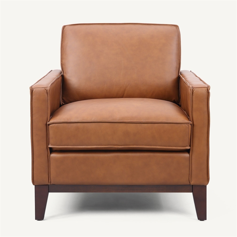 Pemberly Row Contemporary Top Grain Leather Armchair in Chestnut