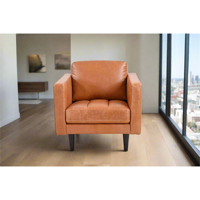 Pemberly Row Contemporary Top Grain Leather Arm Chair in Tan