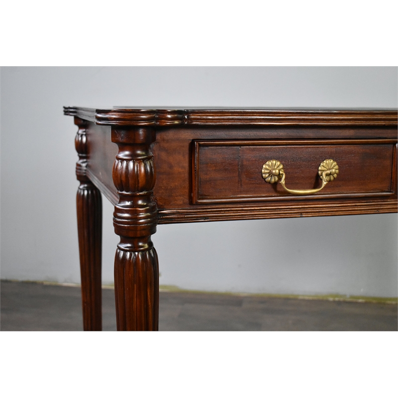 Pemberly Row Contemporary Leather Top Solid Mahogany Wood Desk in Brown Walnut