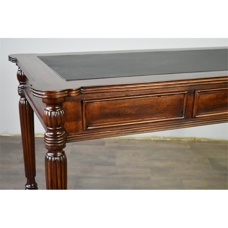 Pemberly Row Contemporary Leather Top Solid Mahogany Wood Desk in Brown Walnut