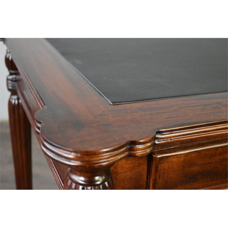 Pemberly Row Contemporary Leather Top Solid Mahogany Wood Desk in Brown Walnut