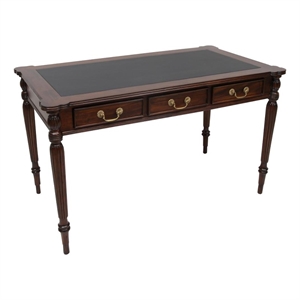 Pemberly Row Contemporary Leather Top Solid Mahogany Wood Desk in Brown Walnut