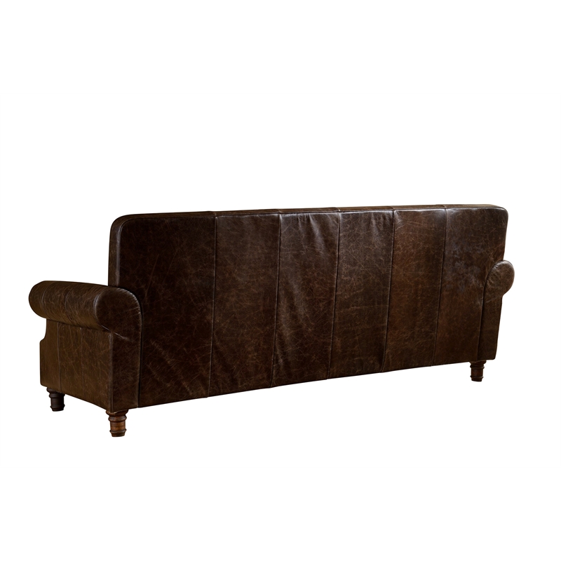 Pemberly Row Contemporary English Rolled Arm Sofa in Dark Brown Leather
