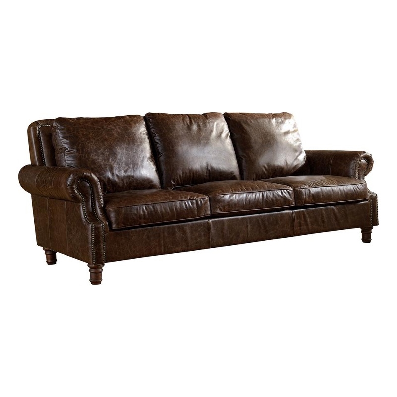Pemberly Row Contemporary English Rolled Arm Sofa in Dark Brown Leather