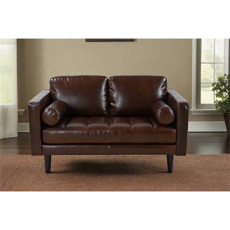 Pemberly Row Contemporary Top Grain Leather Love Seat in Chocolate Brown