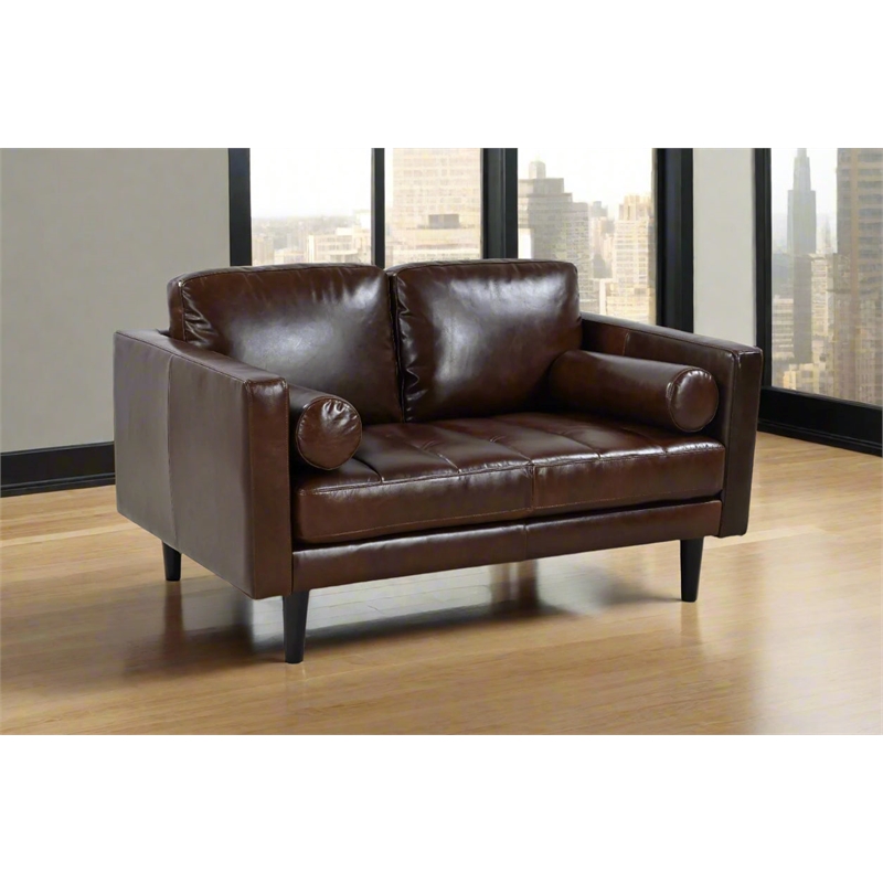 Pemberly Row Contemporary Top Grain Leather Love Seat in Chocolate Brown