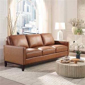 Pemberly Row Contemporary Top Grain Leather Sofa in Chestnut