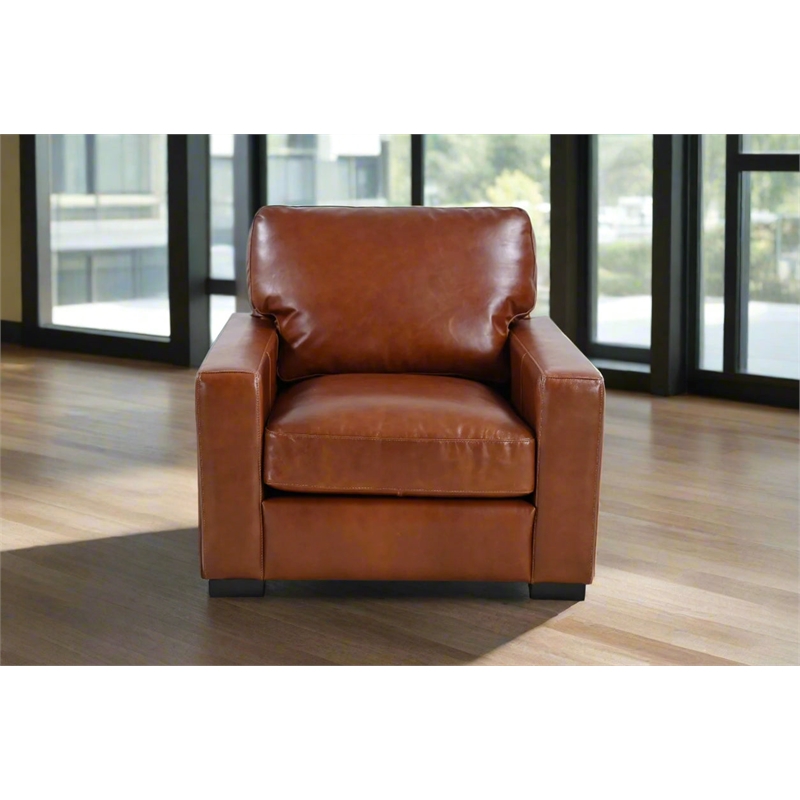 Pemberly Row Contemporary Top Grain Leather Arm Chair in Chestnut