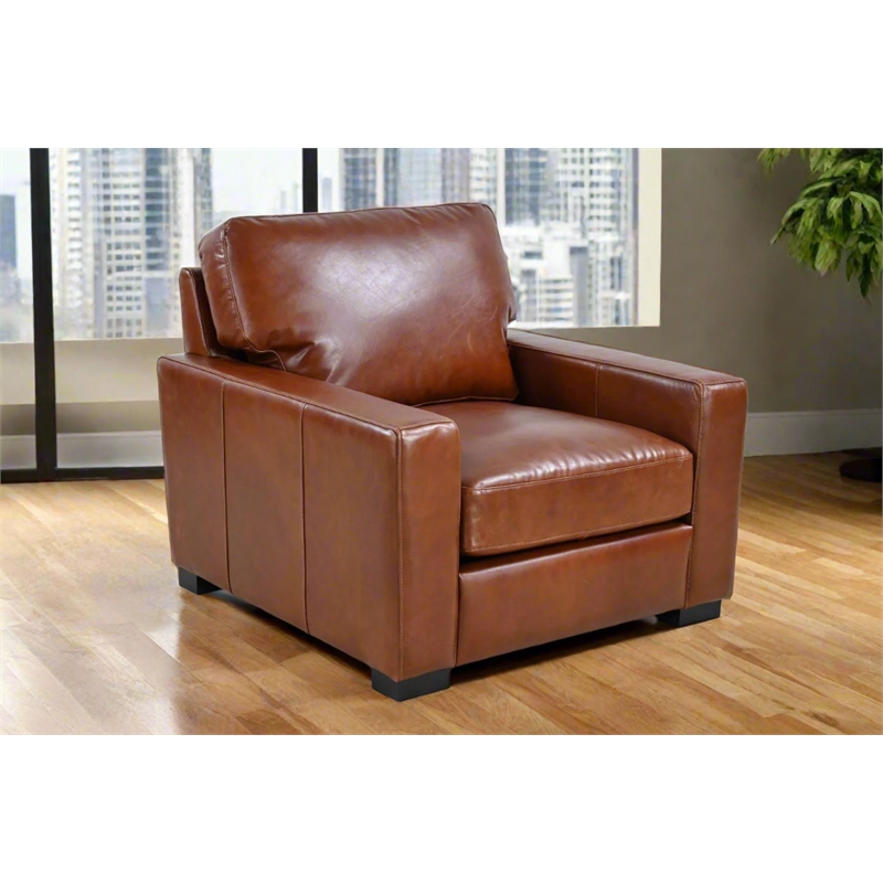 Pemberly Row Contemporary Top Grain Leather Arm Chair in Chestnut