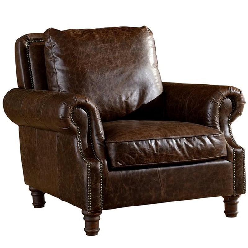Pemberly Row Contemporary English Rolled Arm Chair in Dark Brown Leather