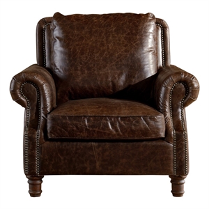 Pemberly Row Contemporary English Rolled Arm Chair in Dark Brown Leather