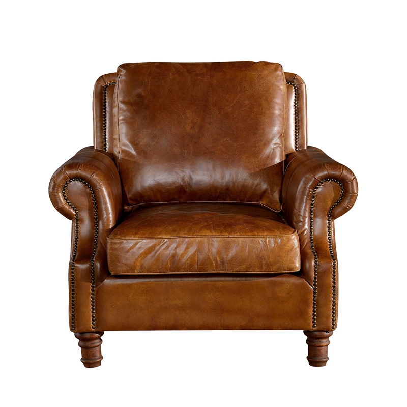 Pemberly Row English Rolled Arm Chair in Light Brown Leather