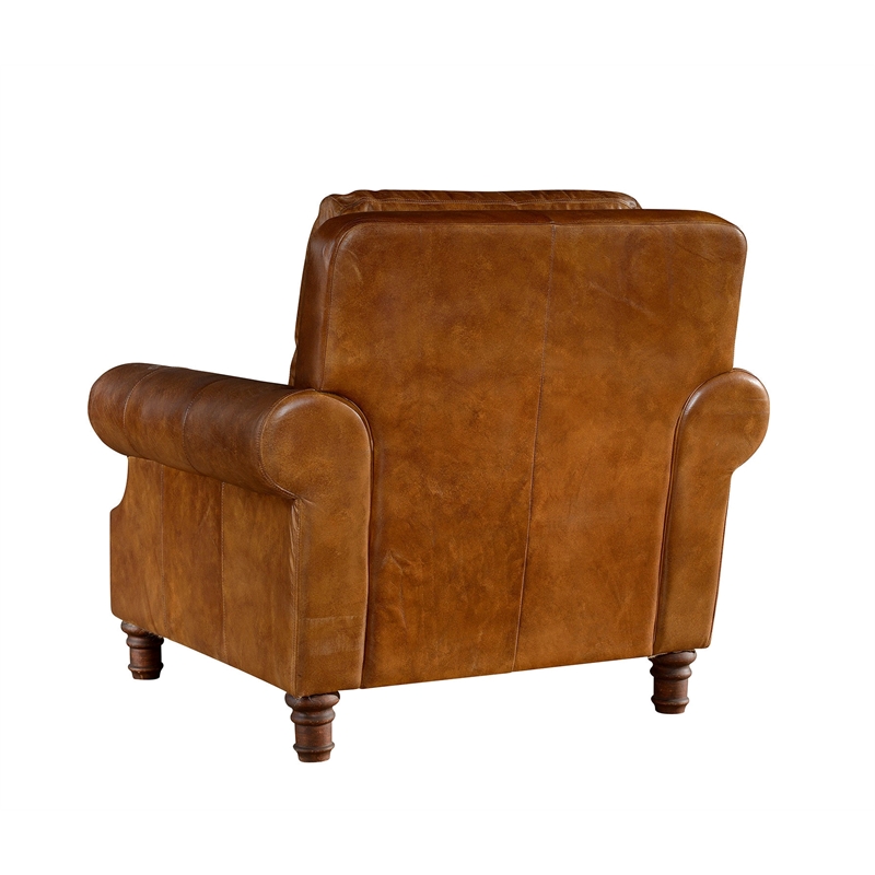 Pemberly Row English Rolled Arm Chair in Light Brown Leather