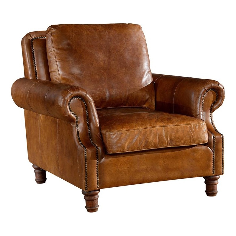 Pemberly Row English Rolled Arm Chair in Light Brown Leather