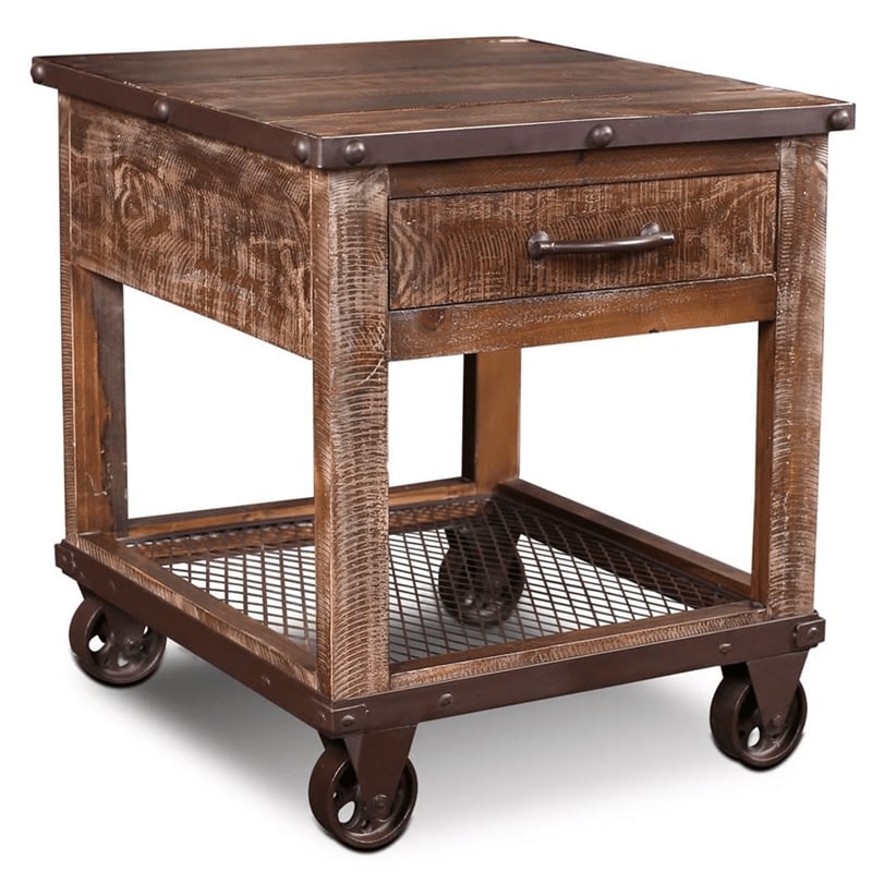 Pemberly Row Loft Caster Wheel End Table -Rustic Brown(Set of 2)