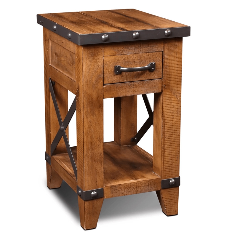 Pemberly Row Contemporary Solid Pine Wood 1 Drawer Side Table in Brown