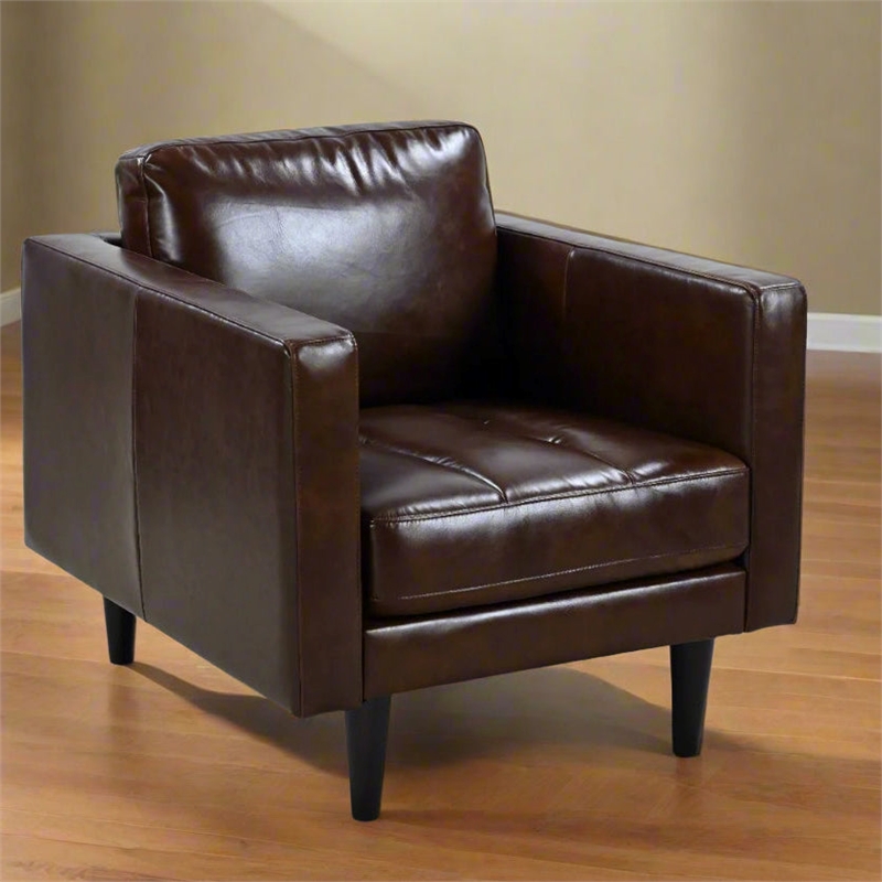 Pemberly Row Contemporary Top Grain Leather Arm Chair in Chocolate Brown