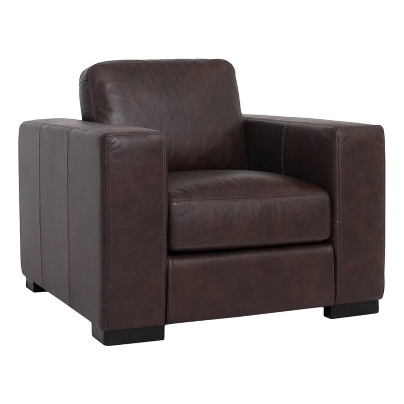 Pemberly Row Contemporary Top Grain Leather Arm Chair in Brown