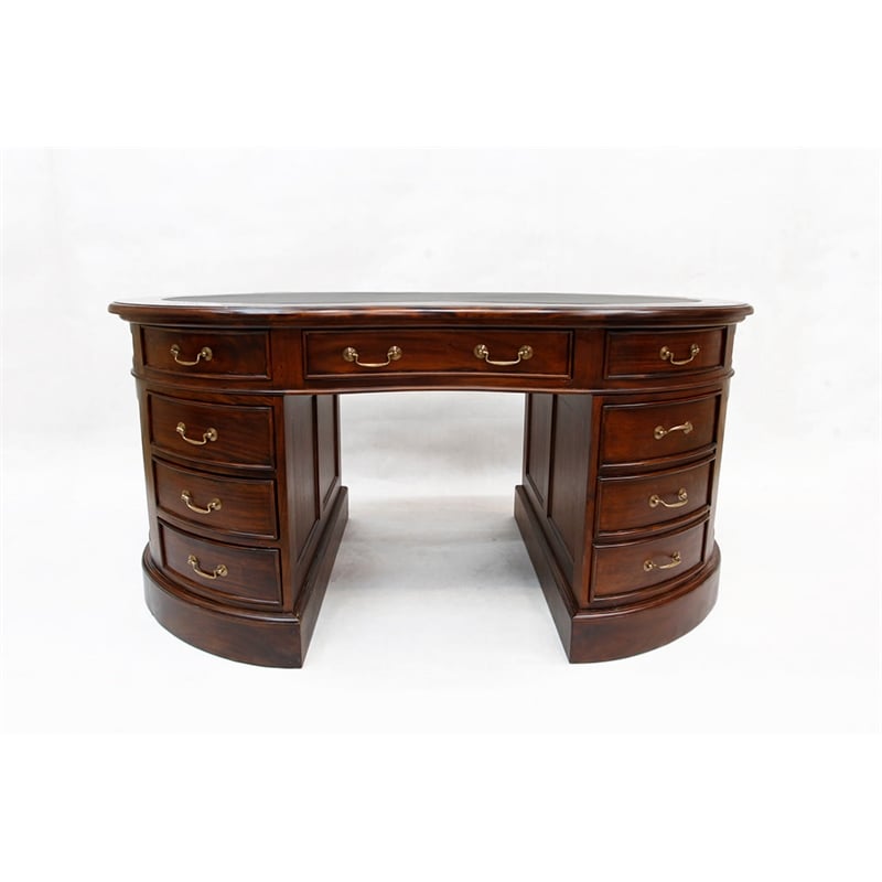 Pemberly Row Mahogany Wood Leather Top Kidney Desk - Brown Walnut