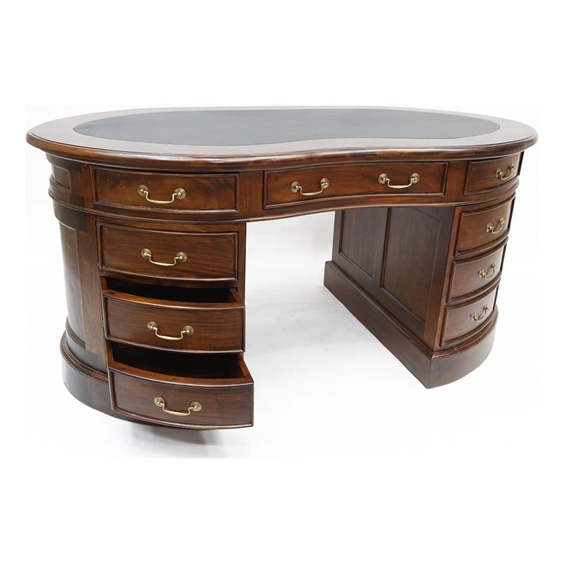 Pemberly Row Mahogany Wood Leather Top Kidney Desk - Brown Walnut