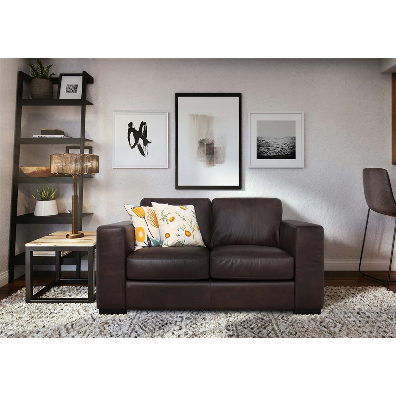 Pemberly Row Contemporary Top Grain Italian Leather Love Seat in Dark Brown