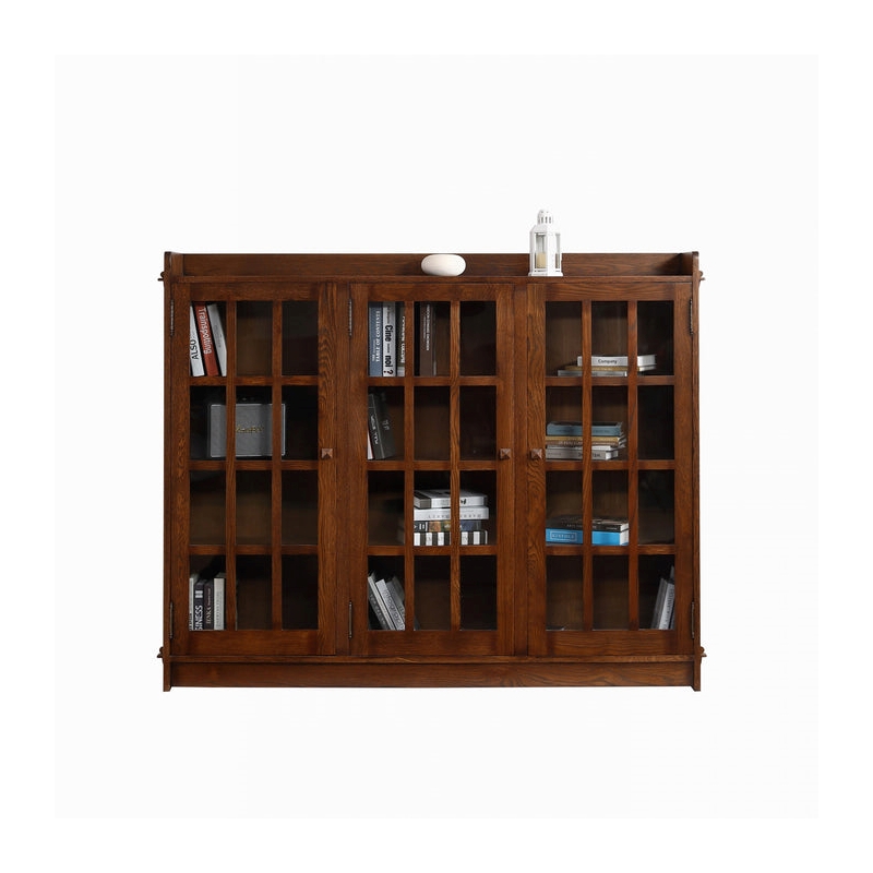 Pemberly Row Contemporary Mission Oak 3 Door Display Bookcase in Walnut