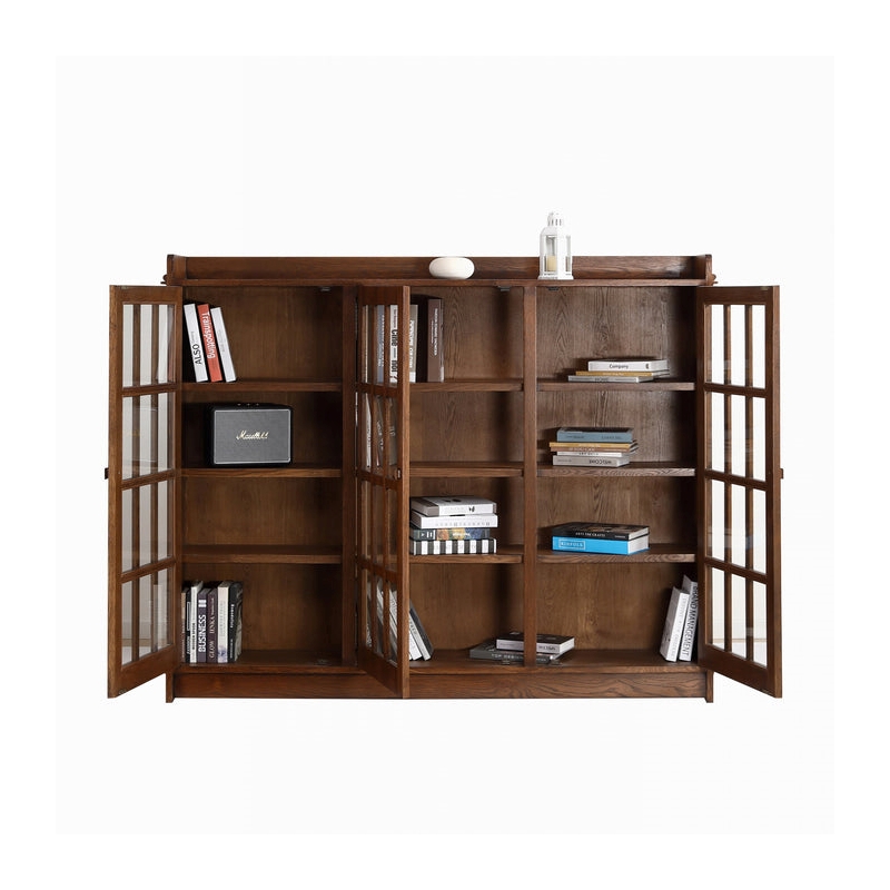 Pemberly Row Contemporary Mission Oak 3 Door Display Bookcase in Walnut