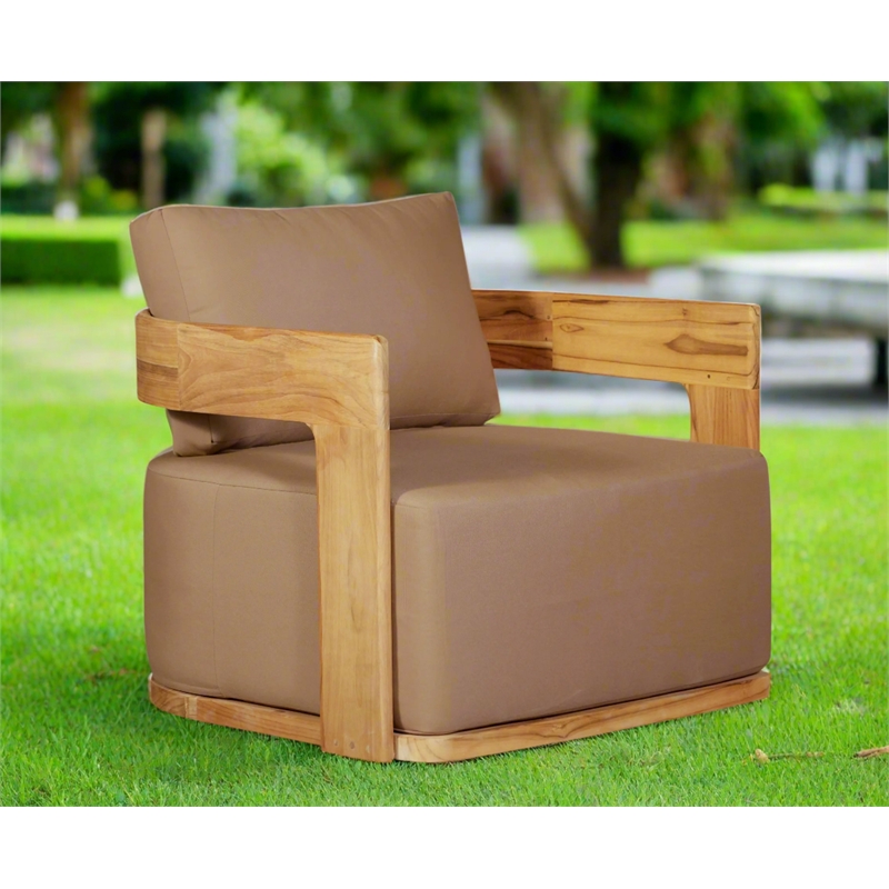 Pemberly Row Outdoor Solid Teak Wood Revolving Chair in Brown
