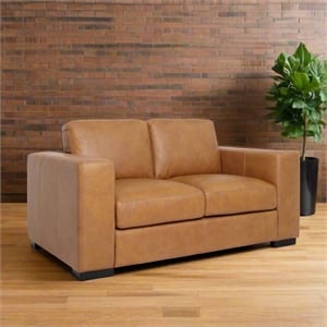 Pemberly Row Contemporary Top Grain Leather Love Seat in Tan