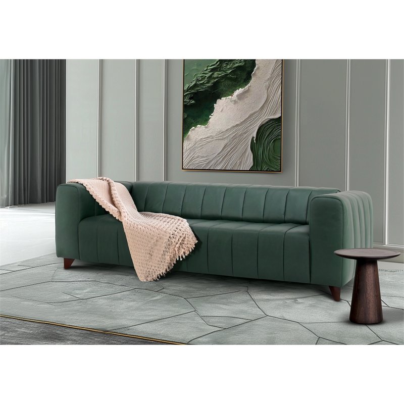 Pemberly Row Contemporary Top Grain Leather Sofa in Green Finish