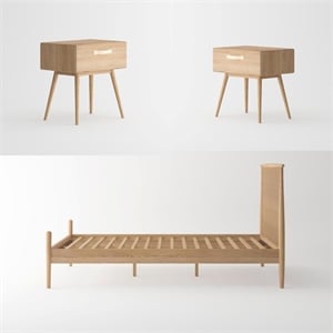 Pemberly Row Mid-Century Solid White Oak Bedroom Set (King Bed + 2 Nightstands)