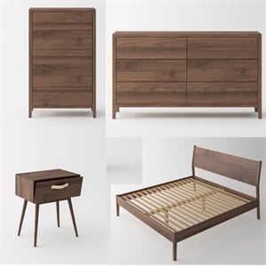Pemberly Row Mid-Century Solid Black Walnut King Bedroom Set