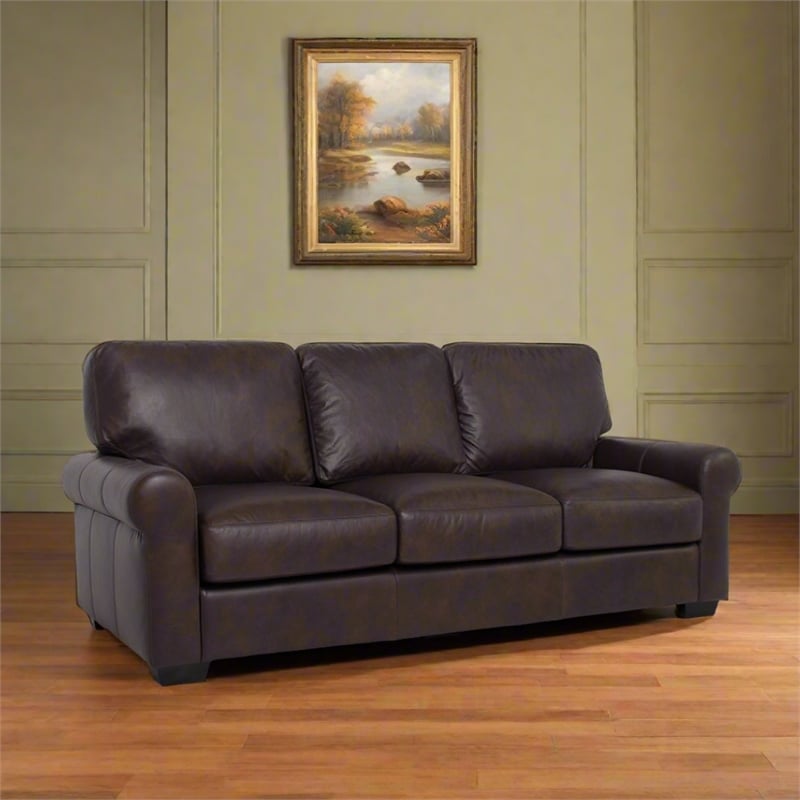 Pemberly Row Contemporary Top Grain Leather Sofa in Brown Finish
