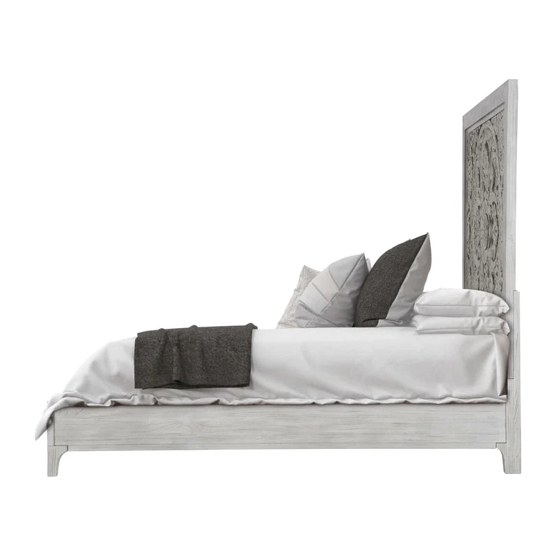 Pemberly Row Rustic Carved Platform Queen Bed - Washed White/Gray