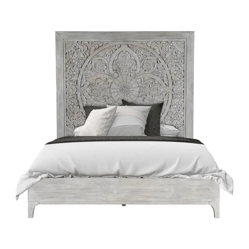 Pemberly Row Rustic Carved Platform Queen Bed - Washed White/Gray