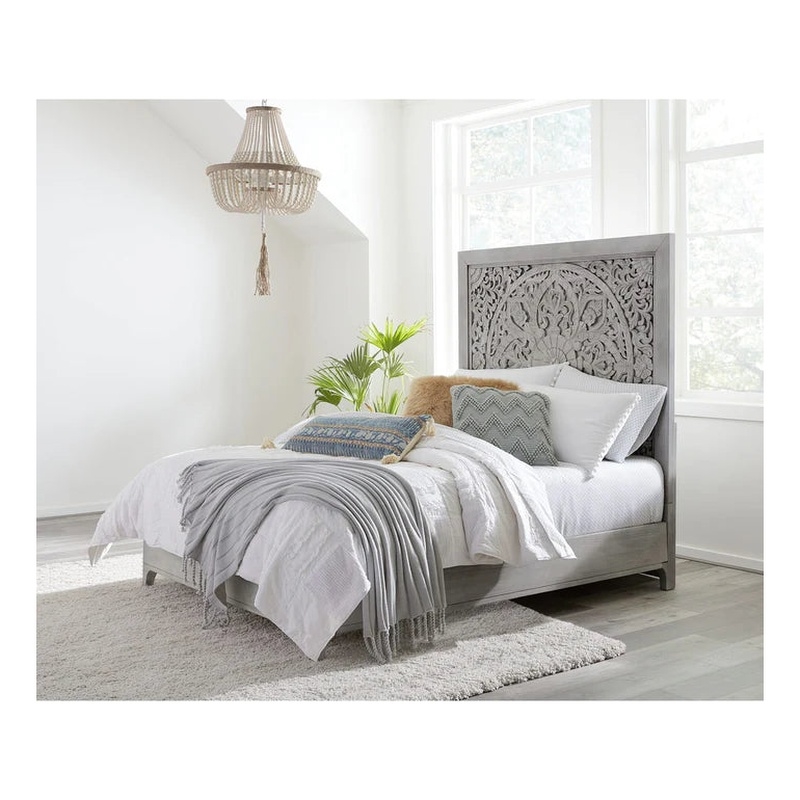 Pemberly Row Rustic Carved Platform Queen Bed - Washed White/Gray