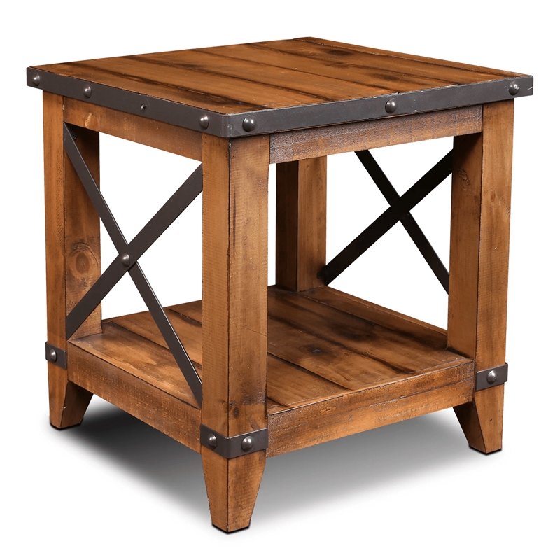 Pemberly Row Contemporary Set of 2 Cross Bar Open End Table in Brown