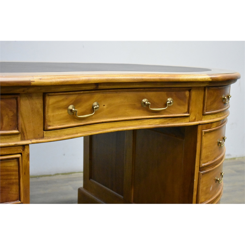 Pemberly Row Mahogany Wood Leather Top Kidney Desk Light Walnut