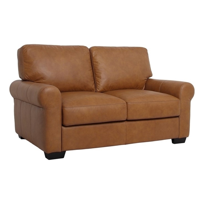 Pemberly Row Contemporary Top Grain Leather Love Seat in Tan