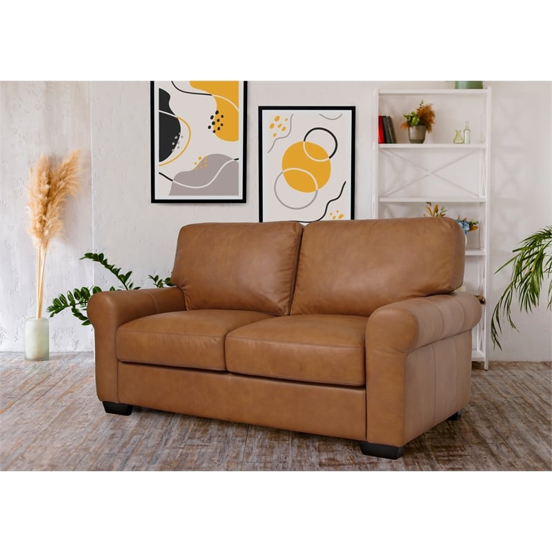 Pemberly Row Contemporary Top Grain Leather Love Seat in Tan