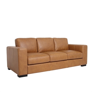 Pemberly Row Contemporary Top Grain Leather Sofa in Tan Finish